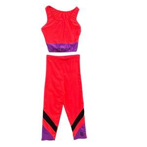 VTG Body Force Spandex Leotard 2pc Sm Neon Shiny Crop 80s Aerobics Dance USA Gym